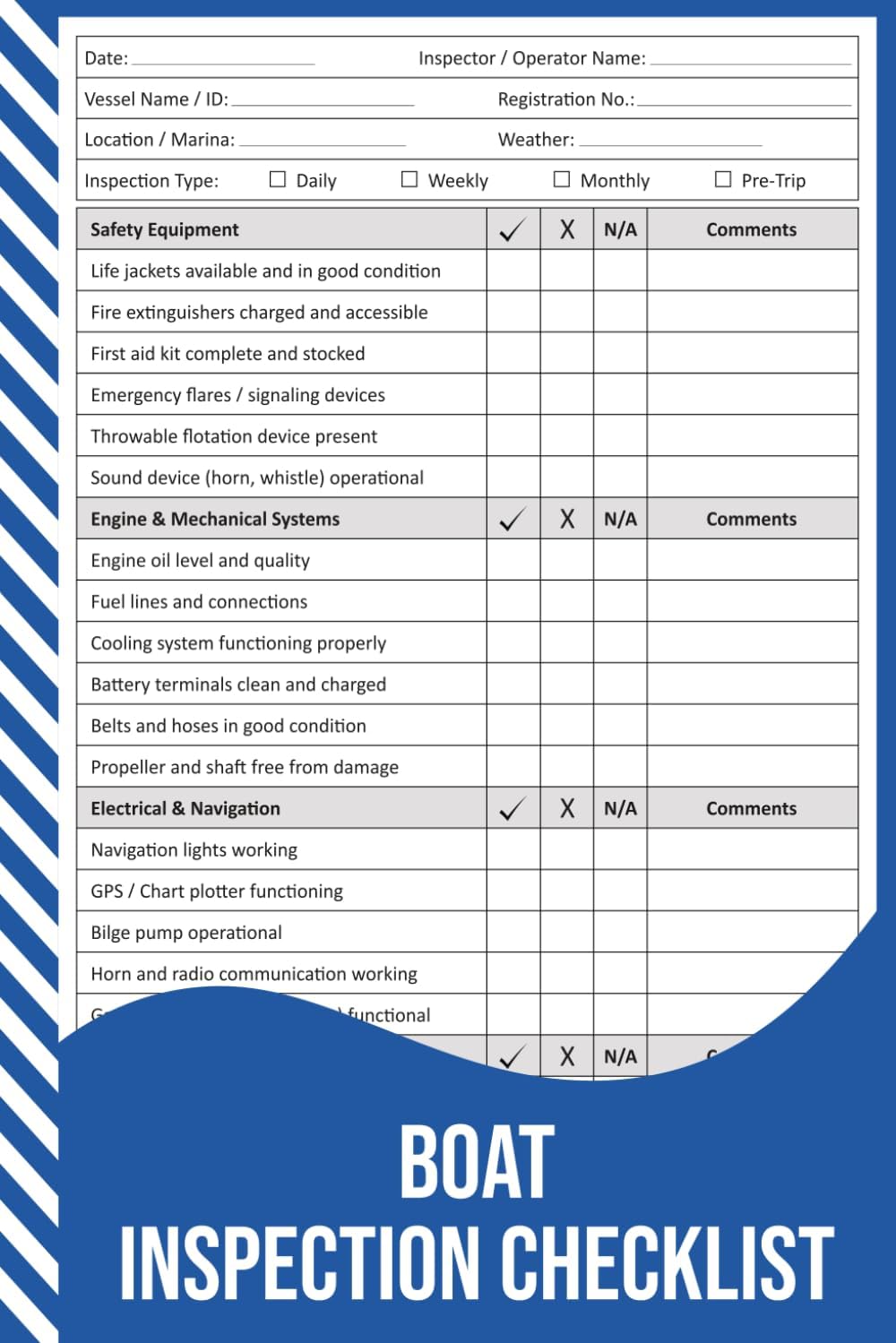Boat Inspection Checklist: Pre-Trip Boat Safety Inspection Record for Vessels and Watercraft